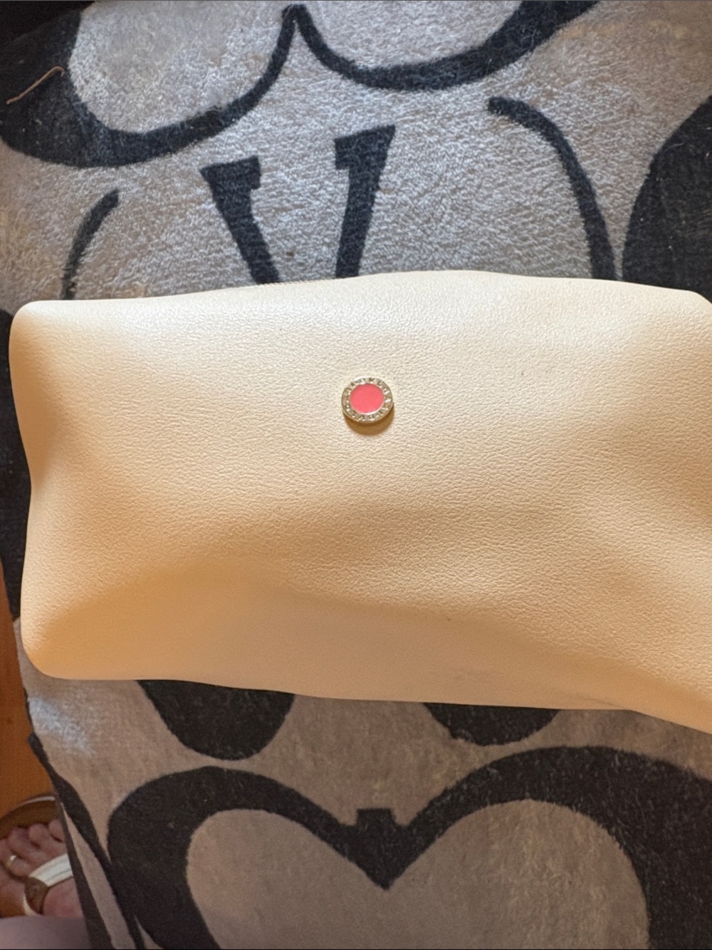 Bulgari Cream Cosmetic Pouch with Pink Accent Medallion